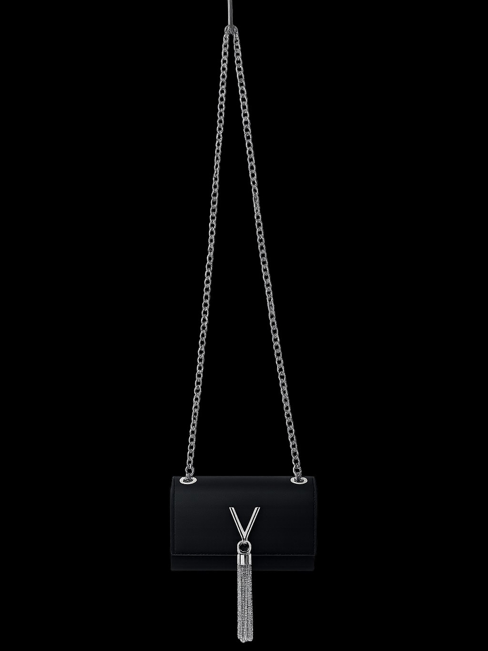 Valentino Black Mini Shoulder Bag with Silver Chain and Tassel